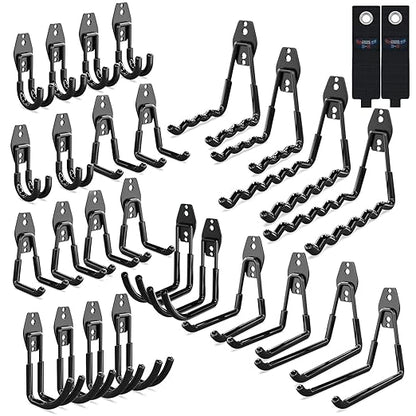 3-H Garage Wall Hooks 28 Pack, Garage Hooks Heavy Duty with Extra Welding Spots, Wall Mount Storage Organizer for Hanging Garden Lawn Tools, Ladder, Bike, WeedEater, Chair, Shovel, Blower (Black)