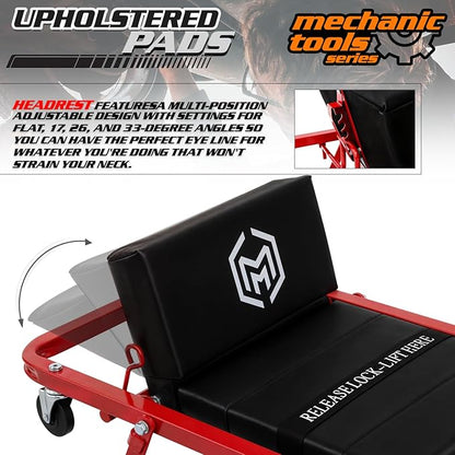 M-AUTO Heavy-Duty Convertible Mechanic Creeper, Z-Creeper 2-in-1 Creeper and Seat 48" Padded Adjustable Headrest Roller Garage Chair with 7 Swivel Casters for Washing, Detailing, Maintenance, Red