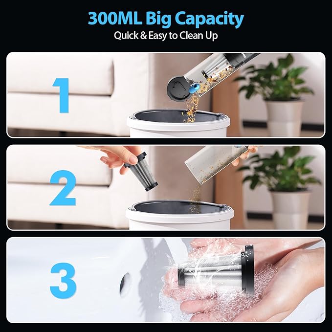 Handheld Vacuum Cordless 15000PA Car Vacuum 3-in-1 Hand Held Vacuums 1.1 Pounds Hand Vac Cordless Rechargeable One-Touch Empty for Cleaning Cars Offices Homes Pet Hair and Dust (Blue)