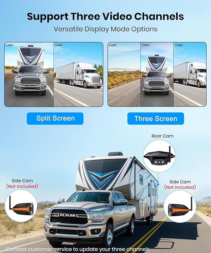 AUTO-VOX RV Backup Camera Wireless Plug and Play: Pre-Wired for Furrion System, IR Night Vision, HD 1080P 7.2'' DVR 3-Channels, Stable Signal & Wide Angle Rear View Camera for Trailer Camper Motorhome