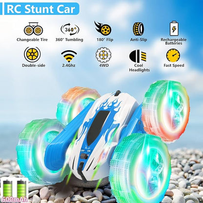 FREE TO FLY Remote Control Car For Boys: Kids RC Stunt Cars Toy with Headlights & WheelLights Double-Sided Driving 360°Flip Rotating Car Toys Gifts Presents for Boy Girls Age 6 7 8 9 10 11 12 Year Old