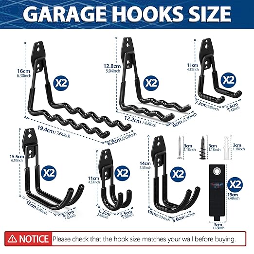 3-H Garage Hooks Heavy Duty with 2 Storage Straps, Utility Garage Wall Mount Hooks for Garden, Ladders, WeedEater, Shovel(Black)