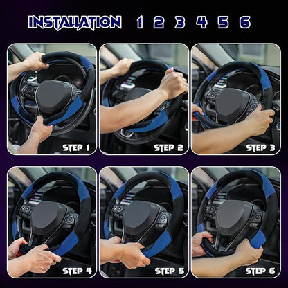 Soft Leather Steering Wheel Cover with Breathable Design and Anti-Slip Grip, Fully Compatible with Tesla, Toyota, Honda, Nissan 14.2-14.96 inch Round Steering Wheel（Sedans and SUVs）