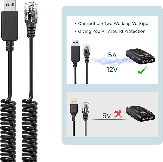 Radar Detector Cable, USB 2.0 to RJ11 Plug Cable 5V-12V Power Cord, Compatible with R3/7/1, Escort 360 Passport 9500i/7500S/8500/7500 and Other Radar detectors