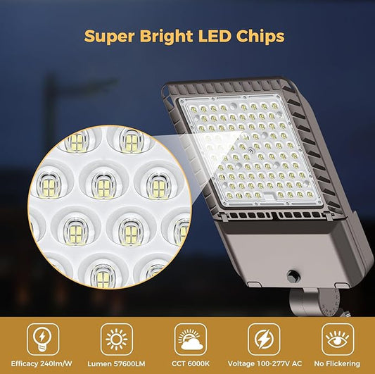 LED Parking lot Lights 240W Commercial Area Oudoor Lighting 43200LM Dusk to Dawn Photocell Street Lights 6000K IP65 100-277V for Yard Garage Warehouse 3 Pack with Wrench