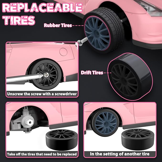 RC Drift Car, 1/24 Pink Remote Control Car for Girls, 2.4GHz 4WD High Speed Drifting RC Cars with LED Light and Drift Tires, Racing Toy Cars for Kids Adults Girl Boys, Pink
