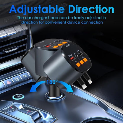 Retractable Car Charger,5 in 1 Fast Car Phone Charger 90W,Bluetooth 5.3 FM Transmitter Adapter,Handsfree Call,2 Retractable Cables and USB Cars Chargers for iPhone 15/14/13 (Black)