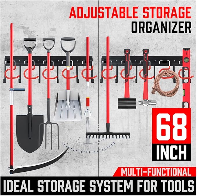 68" All Metal Garden Tool Organizer - Sturdy Garage Wall & Shed Organization System - Hooks for Shovel, Broom, Rake & More