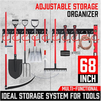 68" All Metal Garden Tool Organizer - Sturdy Garage Wall & Shed Organization System - Hooks for Shovel, Broom, Rake & More