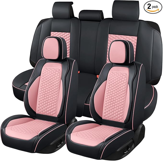 Seat Covers for Cars Full Set, Leather Seat Covers 2 Pack, Breathable Leather Materials, Suitable for SUV/Truck/Sedan/Automotive (Pink, 5 Piece)