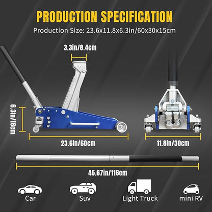 YELLOW JACKET Floor Jack 3 Ton Hydraulic Low Profile Aluminum and Steel Racing Car Jack with Fast Lifting Dual Pump for SUV,Truck, MVP,6600 lbs Capacity
