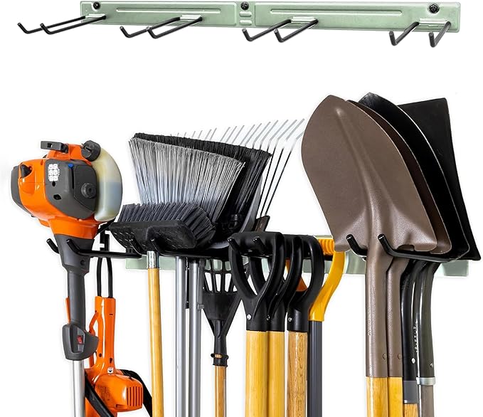 StoreYourBoard Wall-Mounted Rack With 4 Garage Hooks – Heavy-Duty Steel Holder Garage & Garden Storage for Shed, Workshop, or Home Organization – For Rakes, Shovels, Tools & More – 1 Pack, Cactus