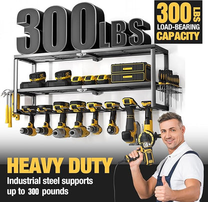 YYR Heavy Duty Power Tool Organizer Wall Mount, Cordless Drill Hanger Storage Rack, Battery Tools Holder with Charging Station Shelf for Garage Organization, Workshop, Pegboard, Shed - 32 Inch 8 Slots