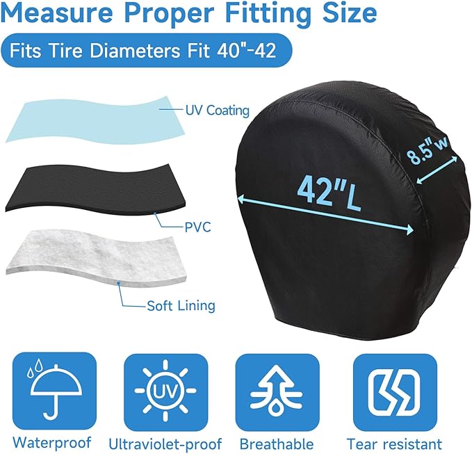 Rough Tire Covers 4 Pack, Waterproof Vinyl Wheel Protectors with Lining for RV, Trailer, Camper, Motorhome, SUV, Car, Universal Fits Tire Diameters 40-42 inches, Black