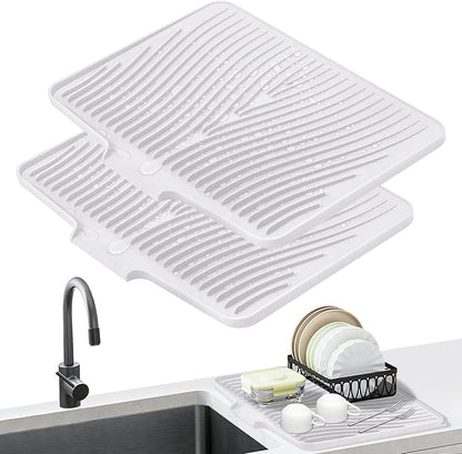 Dish Drying Mat,Stone Drying Mat for Kitchen Counter with Built-in Drain,Non-Slip Drying Matt Kitchen Counter, Heat Resistant Silicone Drying Mat, Dish Drying Pad, 2 Pcs(Ivory, 19.7"x17")