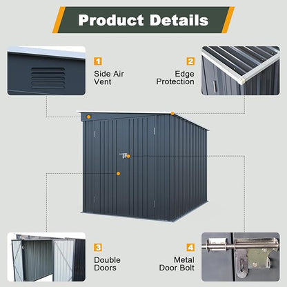 6x8 FT Lean to Shed with Lockable Double Doors, Metal Outdoor Storage Shed with Free PC Light Board for Tools, Outside Storage Shed Waterproof for Backyard, Garden, Patio
