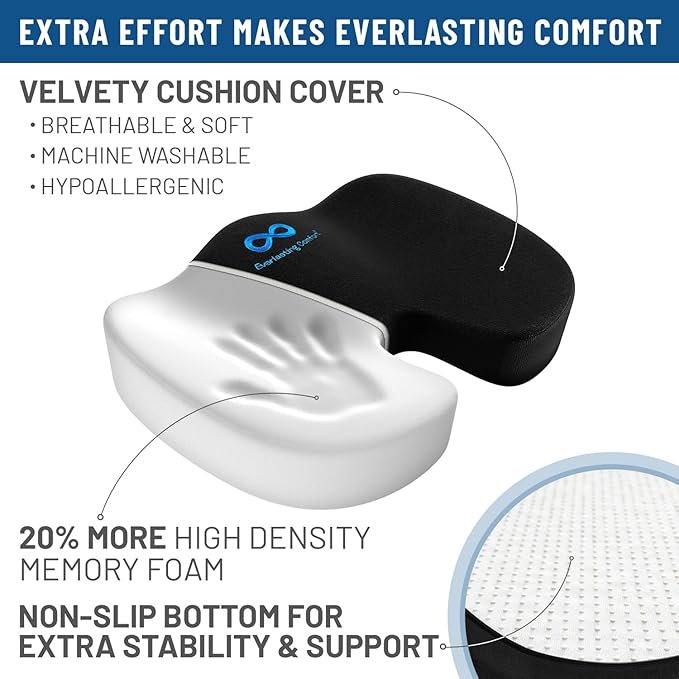 Everlasting Comfort Doctor Recommended Memory Foam Seat Cushion for Office Chairs & Car Seat - Ergonomic Office Desk Accessories for Tailbone Pain Relief, Sciatica & Back Support