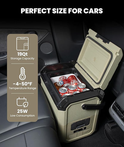EENOUR D18 12 Volt Car Refrigerator, Portable Freezer with Detachable Battery 19Qt/18L, Battery & Solar Powered Cooler, -4~50℉, 12/24V DC, 110~240V AC, 12V Fridge for Camping, Road Trips, RV, Truck