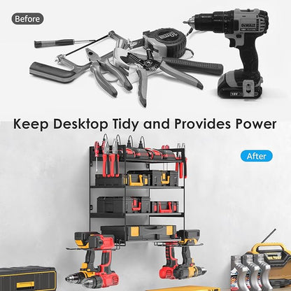 CCCEI Garage Tools Storage with Charging Station. Power Tool Battery Organizer Utility Shelf with Power Strip. 4 Drills Holder Wall Mount Rack, Black 4 Layer.