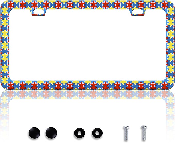 Autism Awareness License Plate Frame Puzzle License Plate Frames Personalise Stainless Steel Funny Design Compatible with Standard License Plate Holder for USA Canada 6 X 12 Inch 2 Holes with Screws