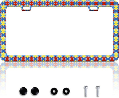 Autism Awareness License Plate Frame Puzzle License Plate Frames Personalise Stainless Steel Funny Design Compatible with Standard License Plate Holder for USA Canada 6 X 12 Inch 2 Holes with Screws