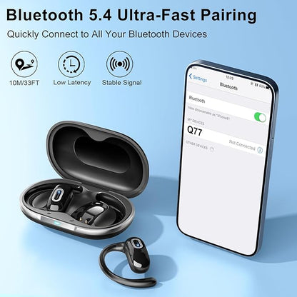 Open Ear Headphones, Bluetooth 5.4 Wireless Earbuds, 50H, Air Conduction Ear buds, HD Stereo Bass Over Ear Earphones with Earhooks, Ultra-Comfort Secure Fit, IPX7 Waterproof Headset for Working Sports