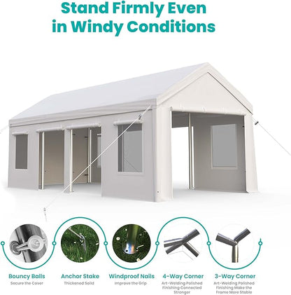 13x25ft Carport, Heavy Duty Carport with Reinforced Steel Poles, Upgraded Portable Garage with Doors & Window, UV Resistant All-Season Waterproof Tarp, for Car, Truck, Boat(White)