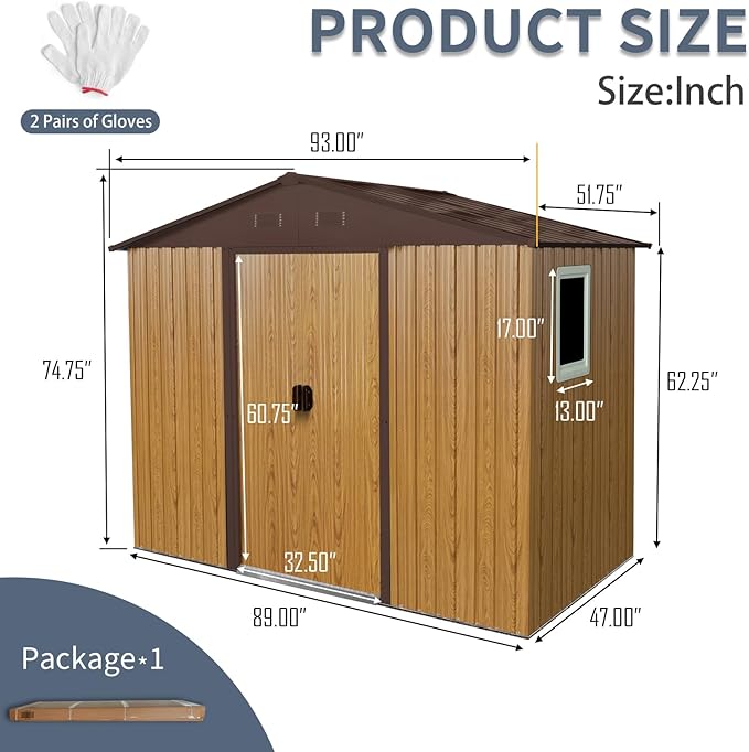4x8 FT Outdoor Storage Shed, Metal Garden Shed with Frame Floor, Outside Tool Shed with Window, Waterproof Storage Building with Lockable Sliding Doors & Sloped Roof for Backyard, Patio, Coffee