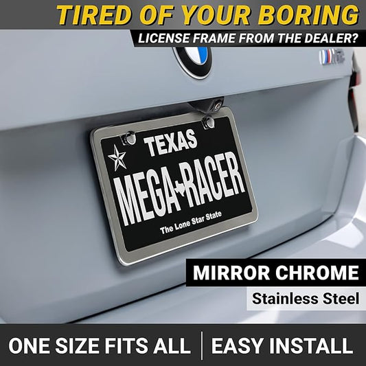 Premium Slim Polished Mirror Chrome License Plate Frame – 1 Pack, Rust-Free Stainless Steel & Rattle-Free, Street Legal Universal Fit with Screw Covers, Thin Silver Metal Front or Rear Car Tag Holder