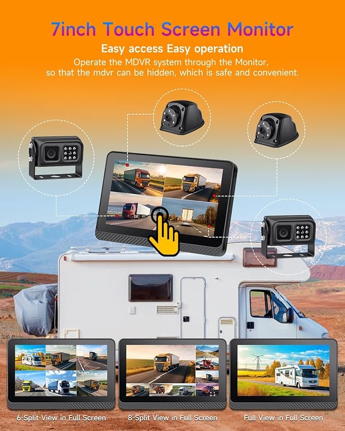 8CH Mobile DVR Monitor Camera System with WiFi Live GPS Tracking HDD MDVR Video Recorder 7" Touch Screen Monitor and 4 1080P Rear Side View Camera Waterproof Night Vision for RV Truck Trailer Tractor