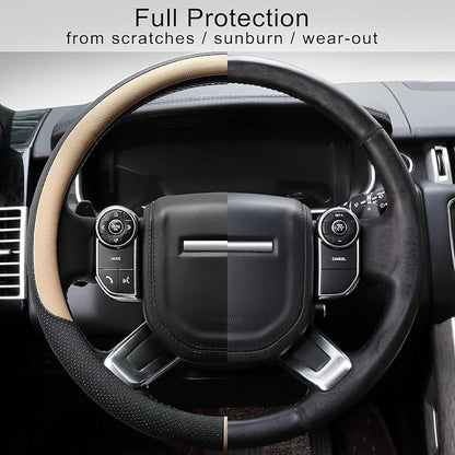 COFIT Breathable Car Steering Wheel Cover 16 inch Auto Universal Leather Wrap Non-Slip Steeringwheel Protector Automotive Interior Accessories, Beige (Suit for 15.5-16 inch)