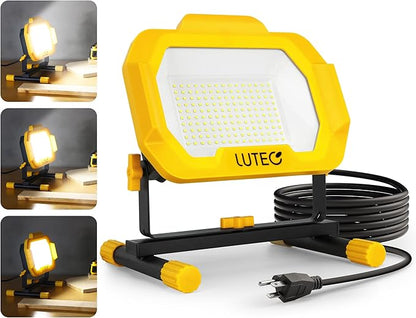LUTEC 12500 Lumen LED Work Light, Dimmable Flood Lights with 3 Brightness Levels, IP65 Waterproof Portable Job Site Lights with Stand and 5 Ft 3-Prong Power Cord for Workshop Garage Construction Site