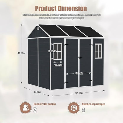 MyVoice 8x7 FT Outdoor Resin Storage Shed with HD Window, Rustproof Waterproof Garden Tool Shed, 12mm Thickened PP Panels, Large Capacity Outdoor Utility House for Backyard Patio (with Floor)