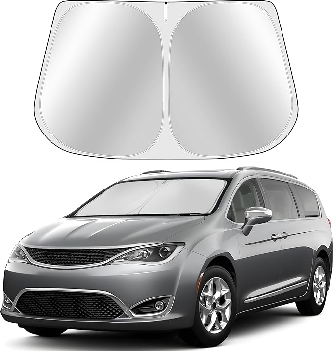 Custom Fit Windshield Sun Shade for Chrysler Pacifica Minivan 2017-2025 Accessories - Full Coverage, 210T Reflective Fabric, Double-Layer Design - Blocks 99% UV Rays, Easy to Install and Store