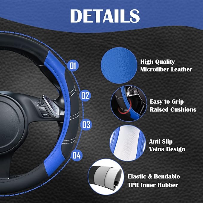 CAR PASS Line Rider Microfiber 14 Inch Leather Sporty Steering Wheel Cover Universal Fits for Truck,SUV,Cars, Anti-Slip Safety Comfortable Desgin (Black-Blue)