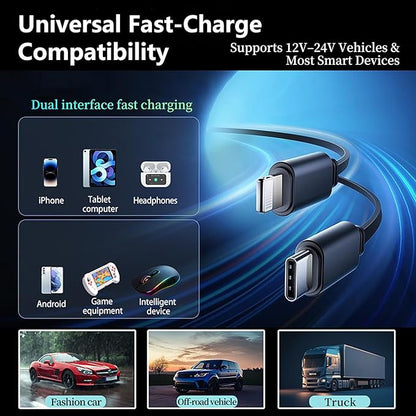 MLVOC 120W Fast Charging Car Charger with Earbuds, Retractable 4-in-1 USB-C & Lightning for iPhone & Android (Black)