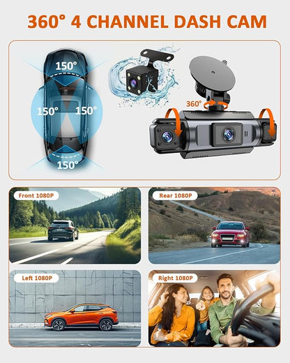 4 Channel WiFi Dash Cam with 32GB Card, 4 * 1080P Dash Camera for Cars Front and Rear Left Right,3”IPS Screen Dashcam with 360° Surveillance APP Control, 24H/7 Parking Mode,Night Vision G-Sensor