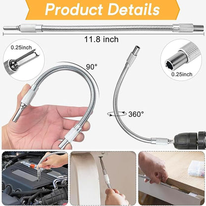 17Pcs Tools Flexible Drill Bit Extension,Include 3Pcs Rotatable Socket Adapter 2Pcs Hex Shank 105° Right Angle Drill Attachment 10 Short Screwdriver Bits 90° Angled Bits & Bendable Drill Bit Extension