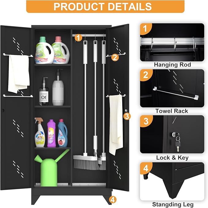 Metal Garage Storage Cabinet, Kitchen Pantry with Doors and Shelves, Broom Organizer Storage Tool Racks,Cleaning Cabinet with Stainless Steel Leak (H71* D16.53*L31.5in)