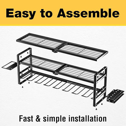 YYR Heavy Duty Power Tool Organizer Wall Mount, Cordless Drill Hanger Storage Rack, Battery Tools Holder with Charging Station Shelf for Garage Organization, Workshop, Pegboard, Shed - 32 Inch 8 Slots
