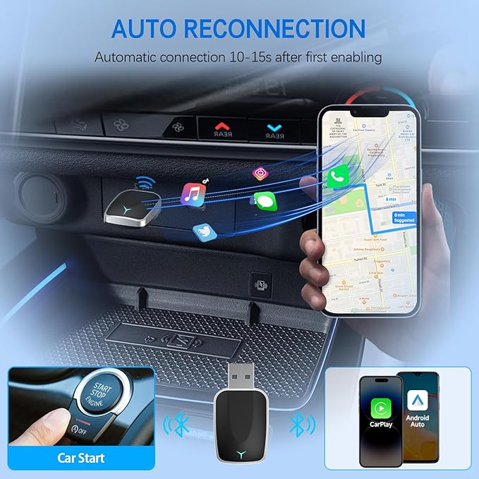 Mini Wireless Carplay Adapter, Convert Wired to Wireless Car Play & Android Auto 2-in-1 Adapter for Apple iPhone & Android Phone, Plug & Play, Auto Connect, No Delay, w/USB C for iOS 10+ Android11+