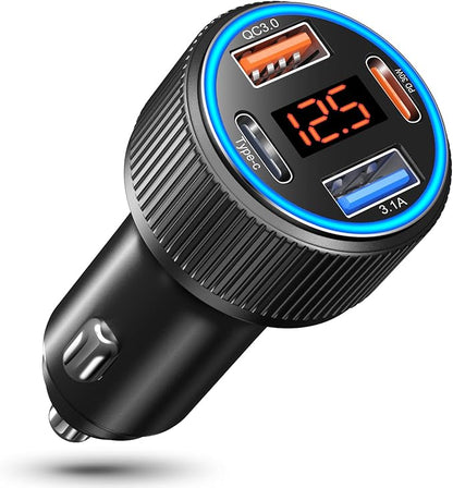 USB C Car Charger, Costyle 65W Dual USB-C & USB-A Multi Port Cigarette Lighter Adapter with Voltmeter QC/PD 3.0 Fast Charging 12V Car Phone Charger for iPhone 16 15 14 13 12 11 Pro Max Samsung(Black)