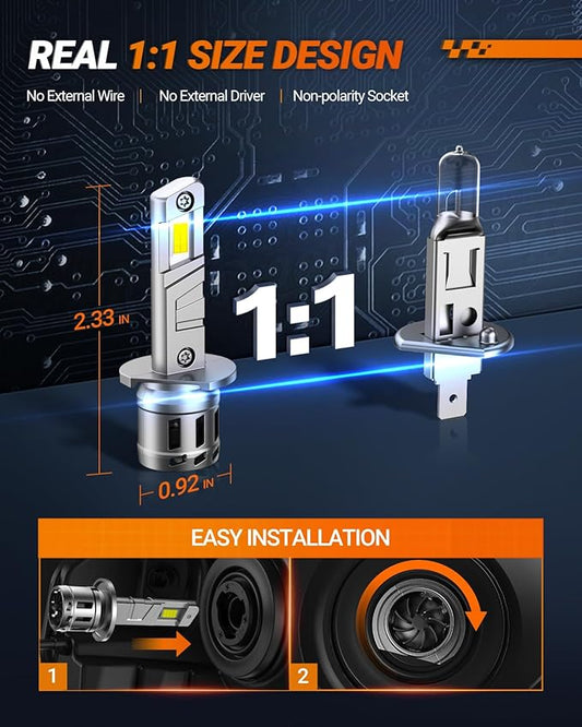 SEALIGHT H1 Fog Bulbs, 30000LM 6500K Cool White, 1:1 Mini Size, H1 Bulb Fog Light with 13000RPM Cooling Fan, 3 Mins Plug-N-Play, Non-polarity, Pack of 2