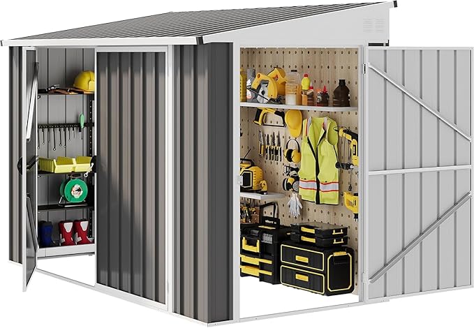 DWVO 8x4 FT Outdoor Weatherproof Storage Shed, Secure Metal Bike Shed w/Lockable Entry, Garden Storage Solution for Lawn Equipment, Tools, Waste Bin, Dark Gray