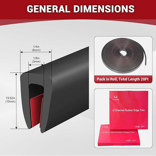 EPDM Rubber Edge Trim, 1/8" Self Adhesive, Black, 20Ft, Fit for 3/32"-5/32" Width Edge, Weather Resistant, Easy to Cut, Bend, Install and Remove