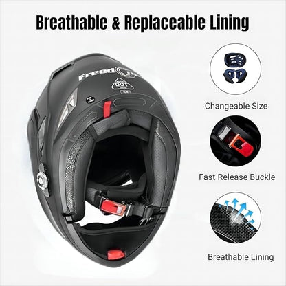 FreedConn BM2-S Bluetooth Motorcycle Helmet, Flip-Up Modular Motorbike Helmet, 500M Connectivity for 2-3 Riders, Voice Dial, Hands-Free Call, MP3, FM, DOT Certified (Medium, White)
