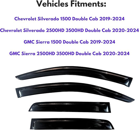 KPY Window Visor for 2019-2024 GMC Sierra Extended Cab & Chevrolet Silverado 1500 Extended Cab, 2500HD 3500HD 2020-2024, 4PC Rain Guards Tape-On Style, 2020 2021 2022 2023 (Extended/Double Cab Only)