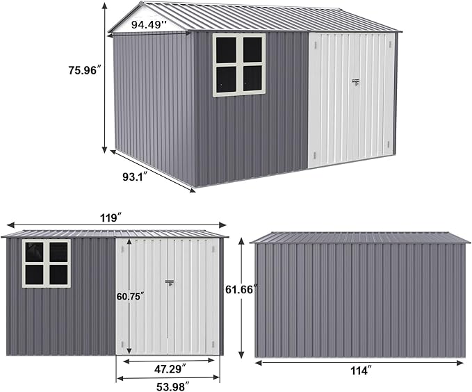 8x10 FT Outdoor Storage Shed, Metal Garden Shed with 4-pane Window, Outside Tool Shed with Lockable Hinged Doors & 4 Air Vents, Waterproof Storage Building for Backyard, Patio, Lawn, White+Gray