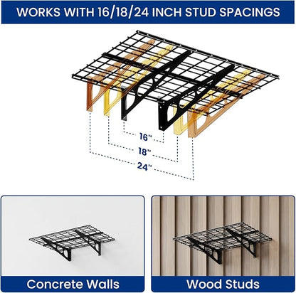FLEXIMOUNTS 2-Pack 2x6ft Garage Shelving with Hooks, 24-inch-by-72-inch Wall Shelf Garage Storage Racks Floating Shelves, Black