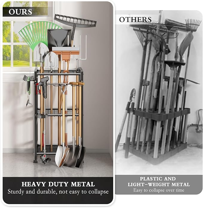 Garden Tool Organizer Storage Metal Yard Tool Organizer Heavy Duty Garden Tool Rack Stand with Extra Hooks, Up To 35 Long Handled Shovels/Rakes/Brooms Holder for Garage,Shed,Outdoor(Black)